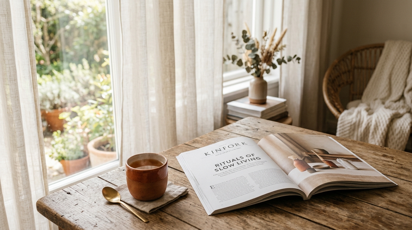 Editorial mood — φωτεινός χώρος, ένα ανοιχτό περιοδικό, ένα φλιτζάνι τσάι